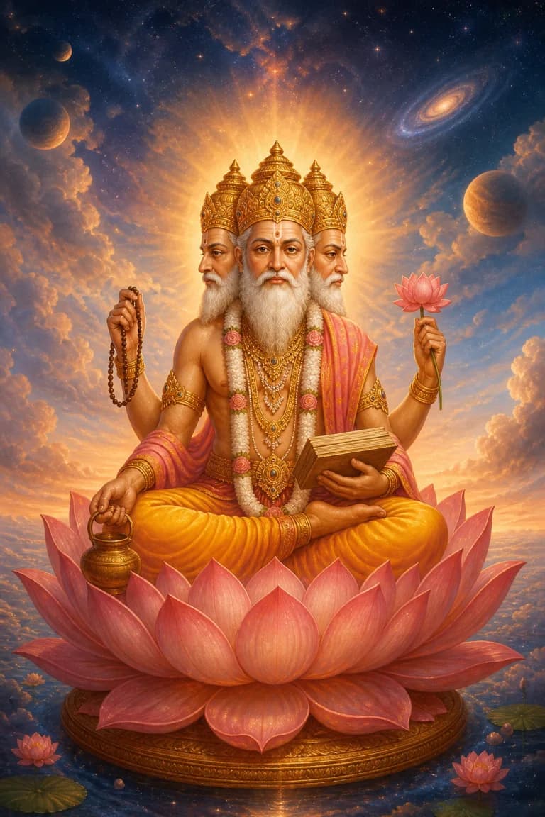 Brahma seated on a celestial lotus in a radiant cosmic realm