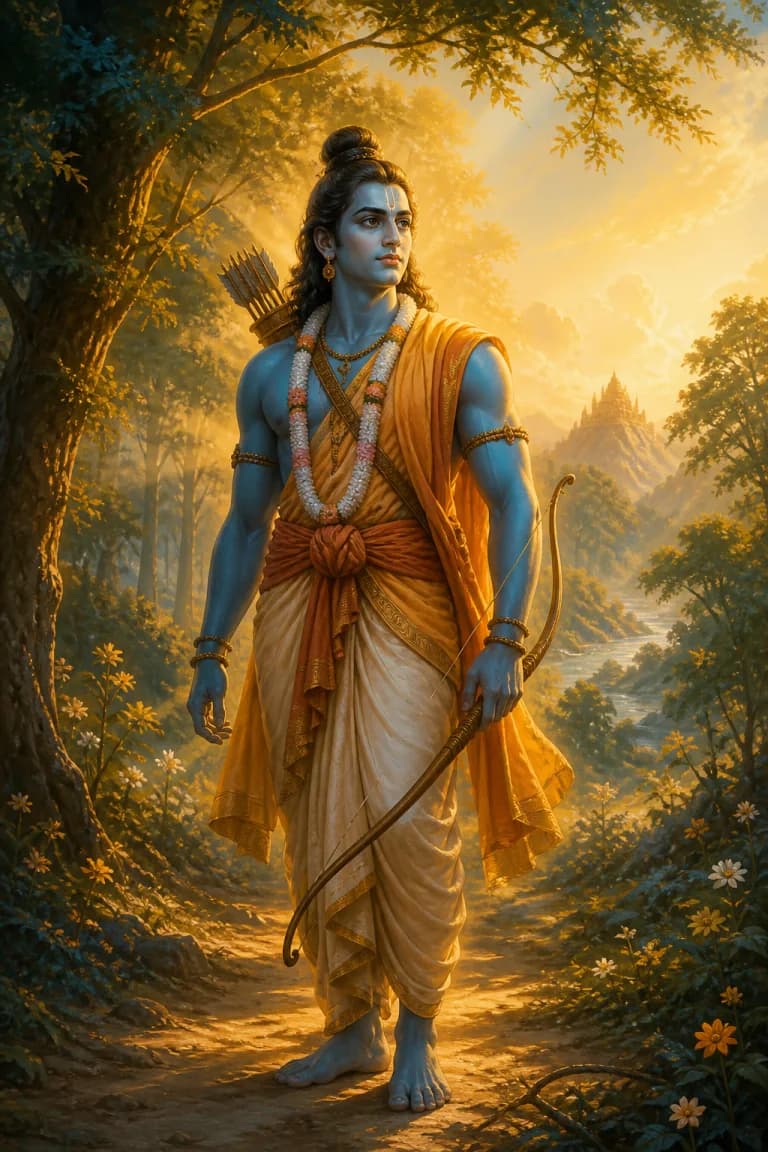 Rama standing peacefully on a radiant forest path
