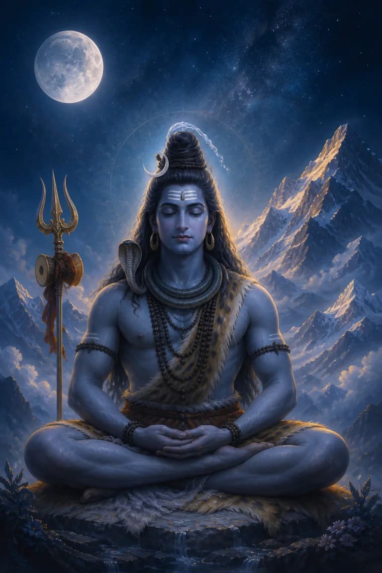 Shiva meditating in a moonlit Himalayan cosmic realm