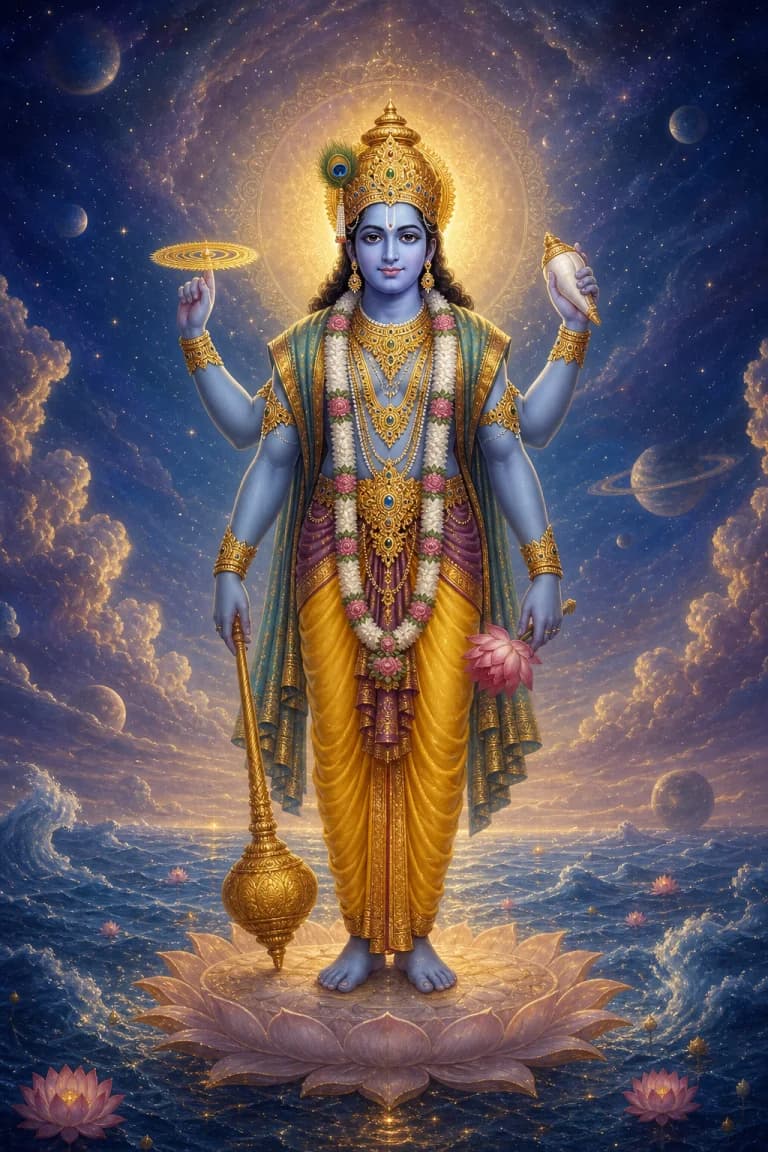 Vishnu standing serenely above a luminous cosmic ocean